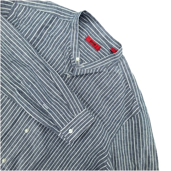 Hugo Boss Other - Hugo Boss Mens Long Sleeve  Dress Shirt Band Collar Linen blend‎ large Stripe